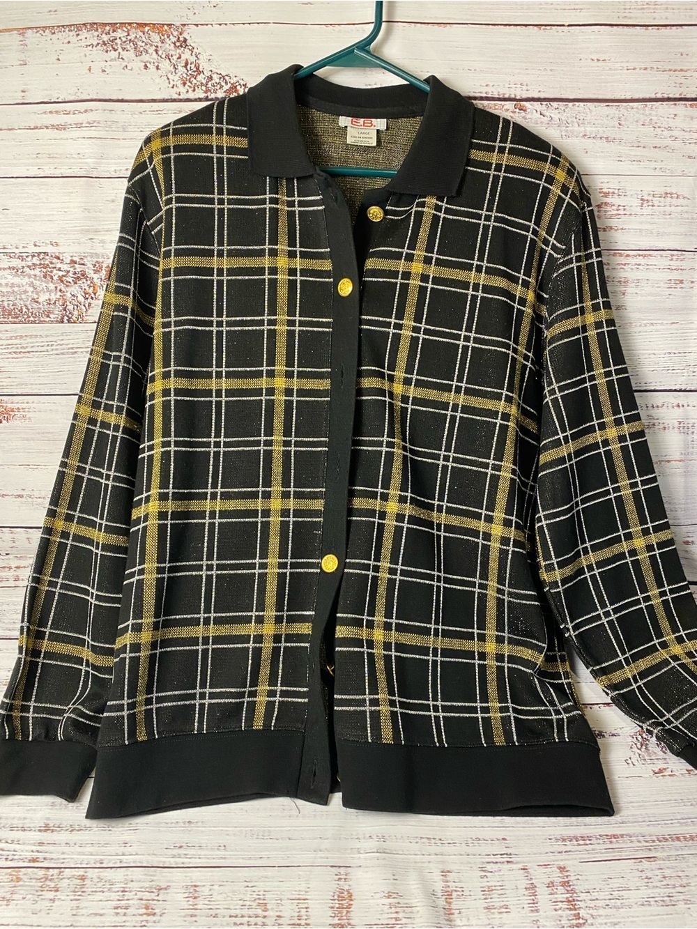 E.B. Black Plaid Cardigan with Gold Metallic Threading Sz-L